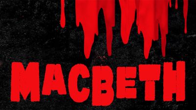 Image on black background of red blood dripping down to Macbeth title