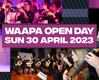 Images of students engaged in a variety of performing arts around the title 'WAAPA Open Day Sun 30 April 2023'