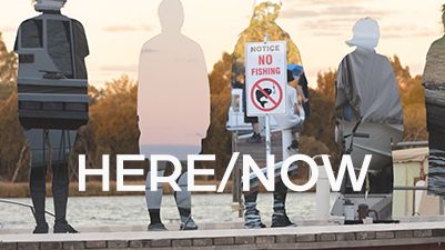 People standing on bridge with Title Here Now